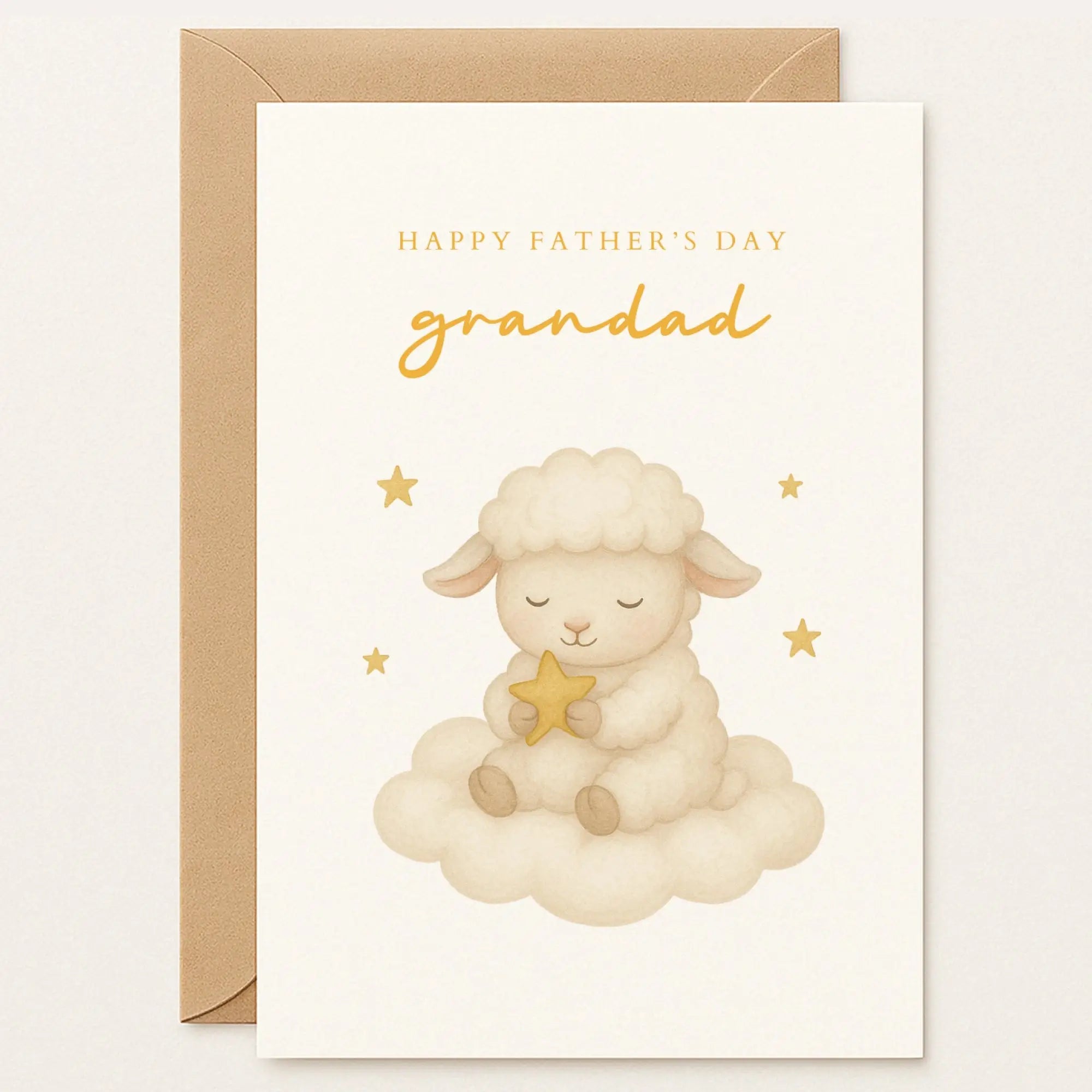 Father’s Day card for Grandad with a sweet baby lamb sitting on a cloud holding a gold star. Soft tones and heartfelt design.
