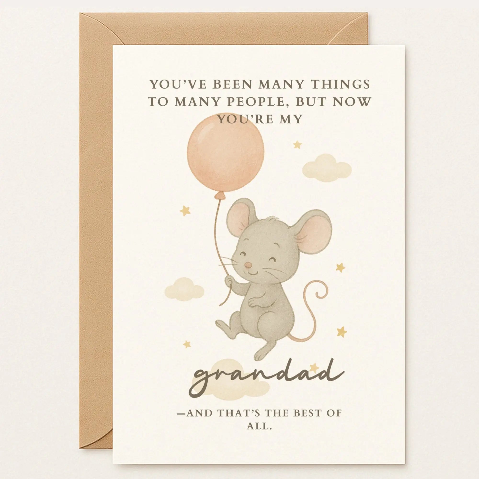 Handmade Father’s Day card for Grandad by Printarelle. Features a baby mouse, a balloon, and a heartfelt message from bump or baby.