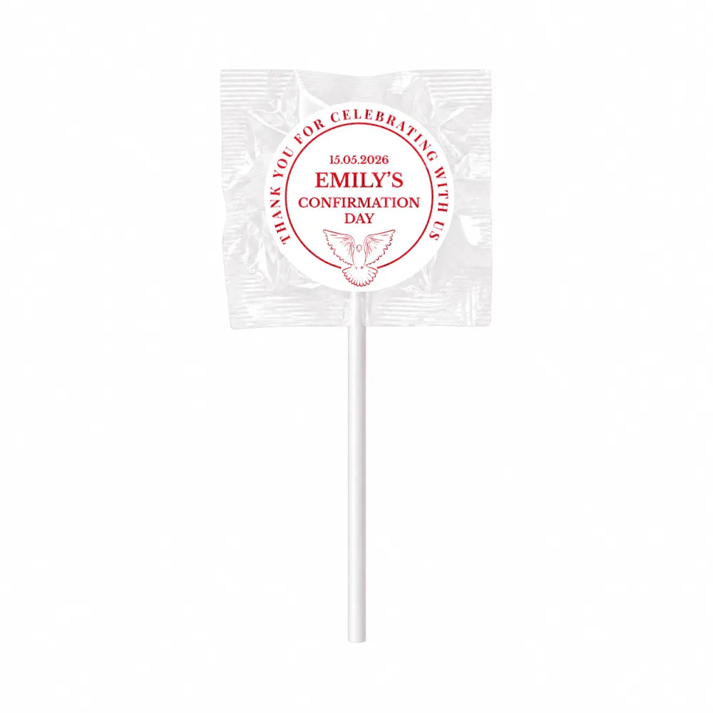 A white lollipop favour wrapped in clear plastic with a red 8cm sticker featuring dove design for confirmation