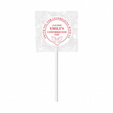 A white lollipop favour wrapped in clear plastic with a red 8cm sticker featuring dove design for confirmation