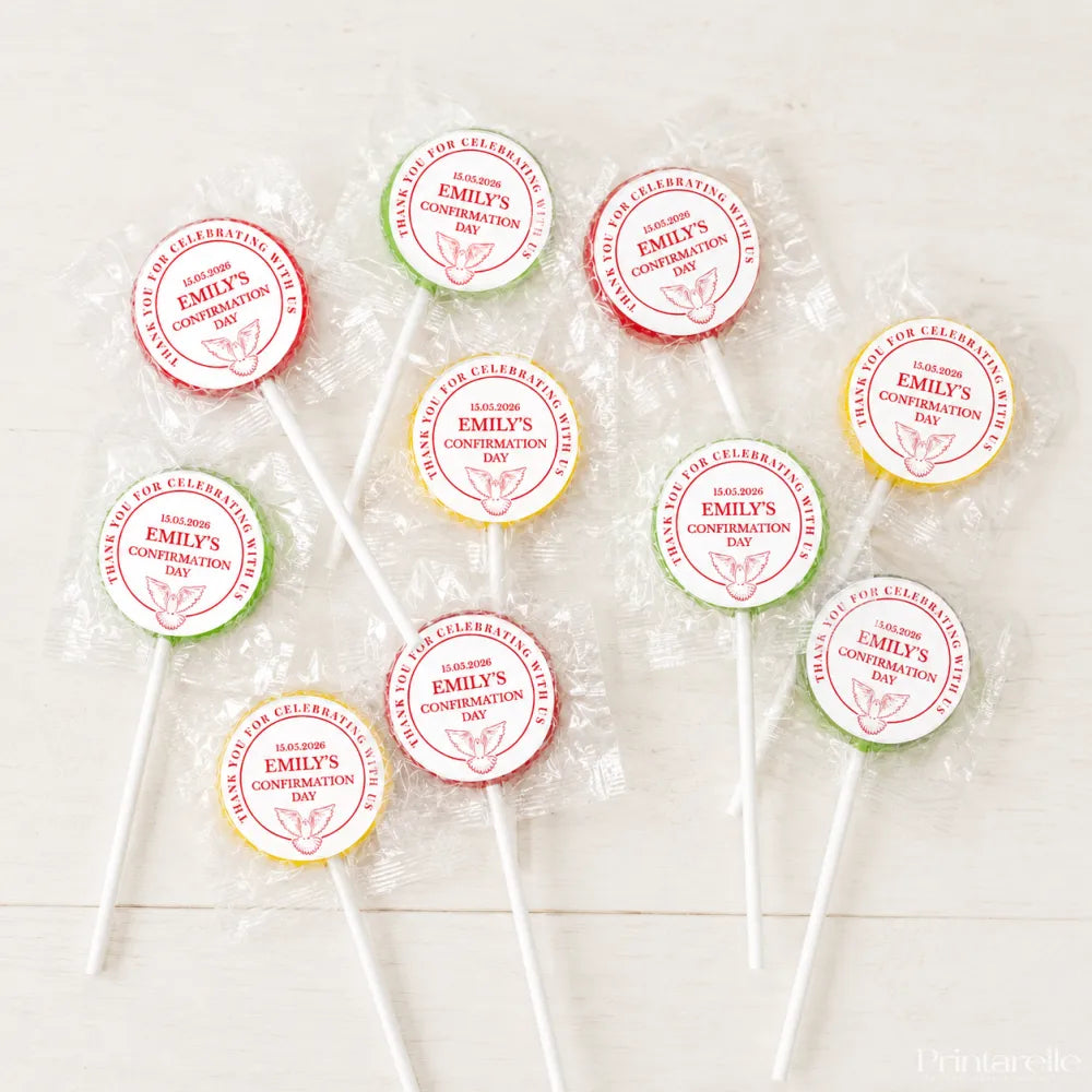Colorful foiled lollipop favours with 8cm dove design sticker personalized for emilys confirmation day