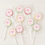 Colorful foiled lollipop favours with 8cm dove design sticker personalized for emilys confirmation day
