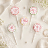 Colorful foiled lollipop favours with 8cm sticker featuring a dove design for emilys confirmation day celebration