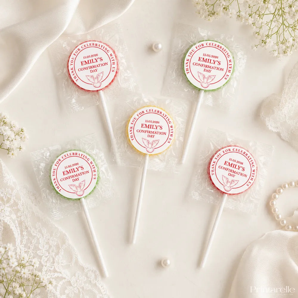 Colorful foiled lollipop favours with 8cm sticker featuring a dove design for emilys confirmation day celebration