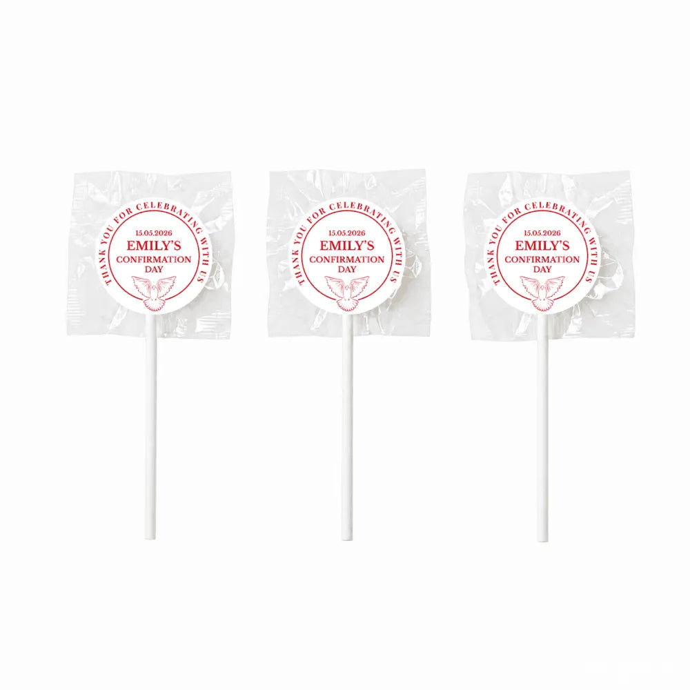White lollipop favours with 8cm red and white circular labels featuring emilys confirmation day text and dove design wrapped in clear plastic