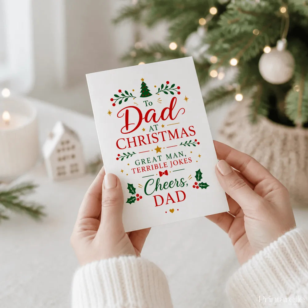White holiday christmas card for dad with festive red and green text great man terrible jokes design and holly accents