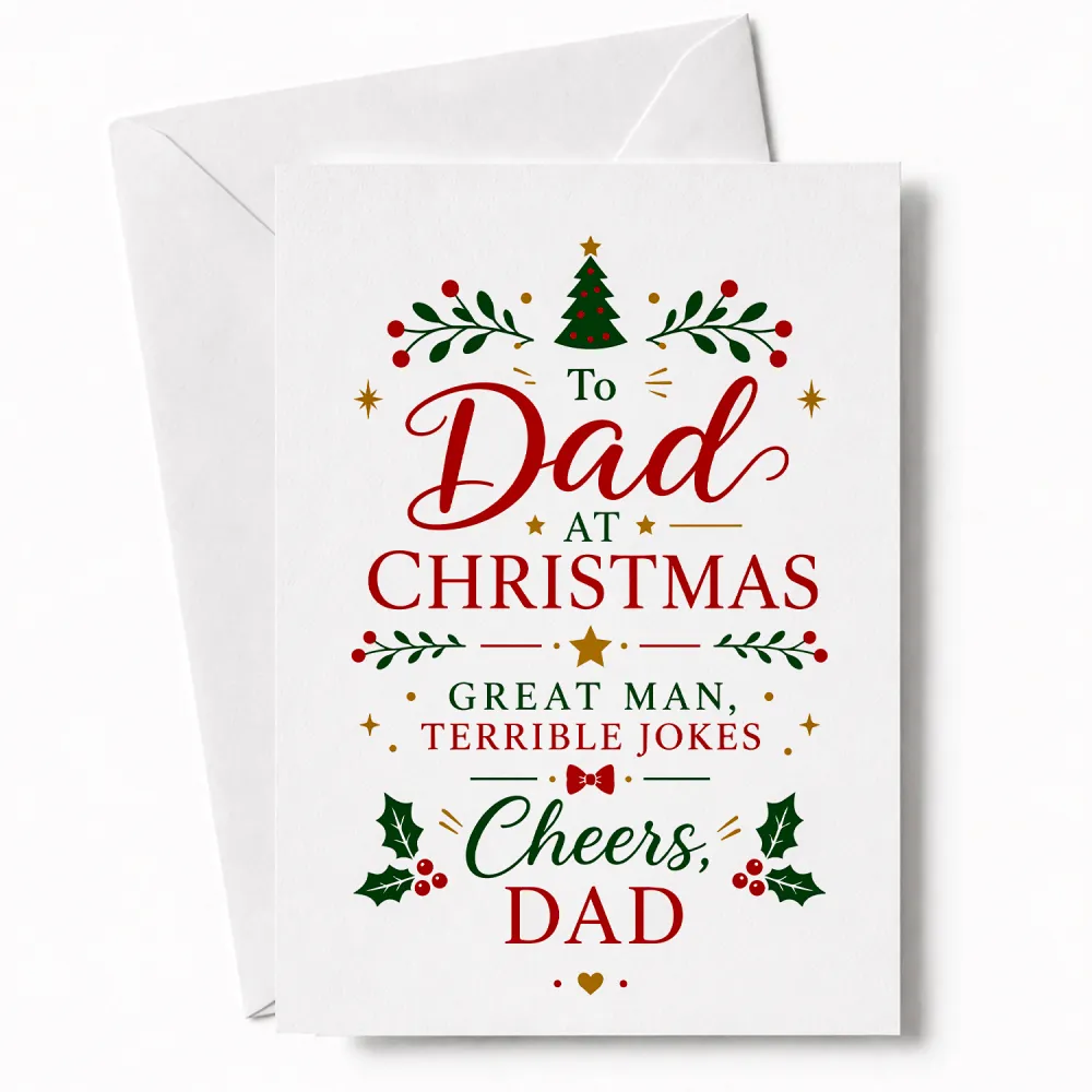 White christmas card with red and green holiday designs to dad at christmas great man terrible jokes card