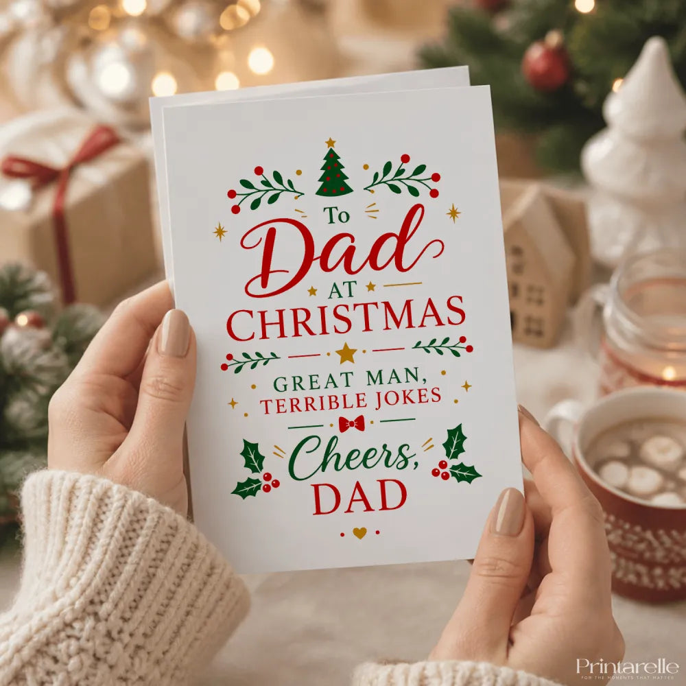 White christmas card with red and green holiday illustrations and to dad at christmas text for great man terrible jokes gift