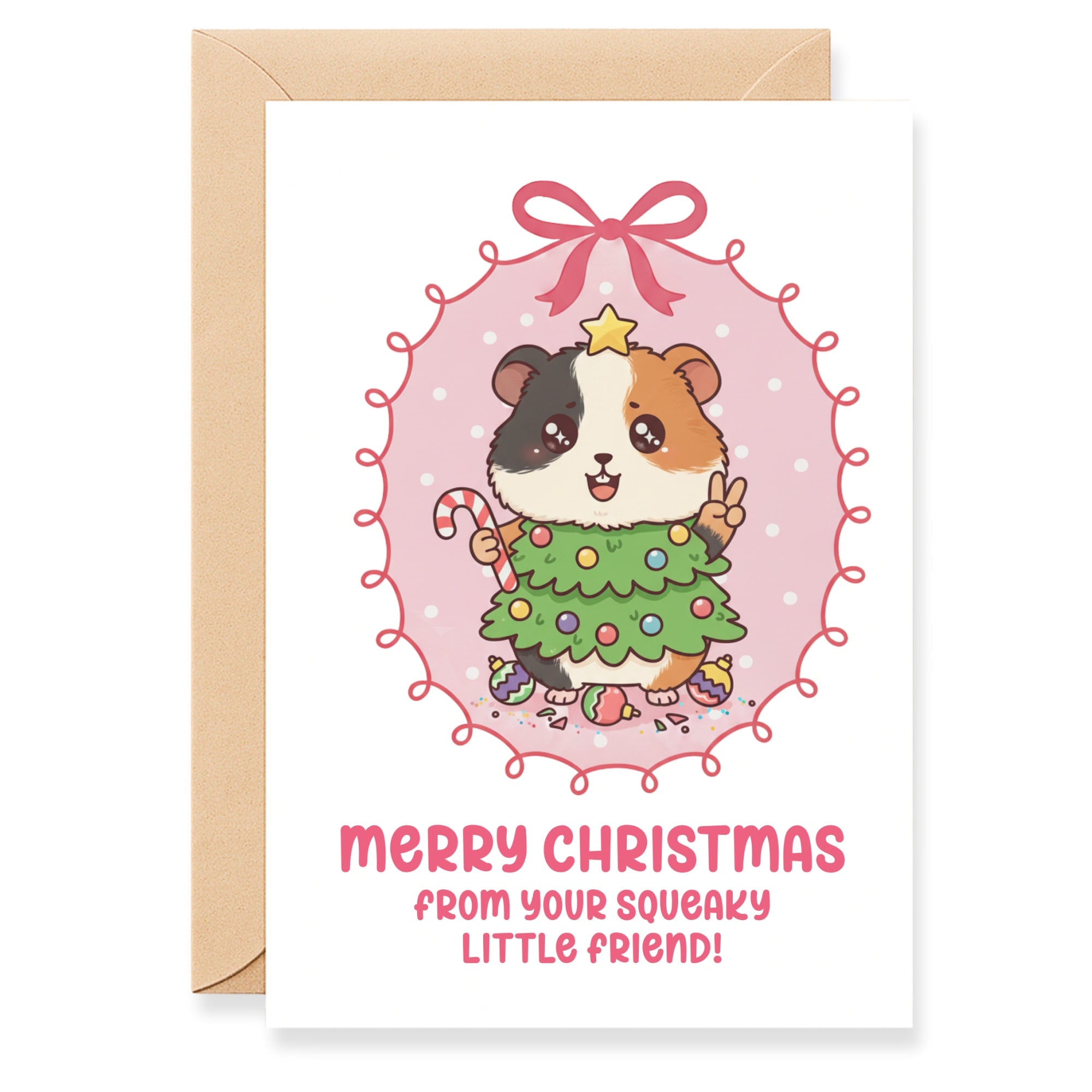 Christmas card with a guinea pig holding a Christmas tree and candy cane, surrounded by festive decorations.