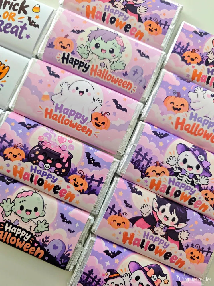 Pink and purple halloween favour bundle chocolate coins and bars wrapped with ghost pumpkin and vampire designs