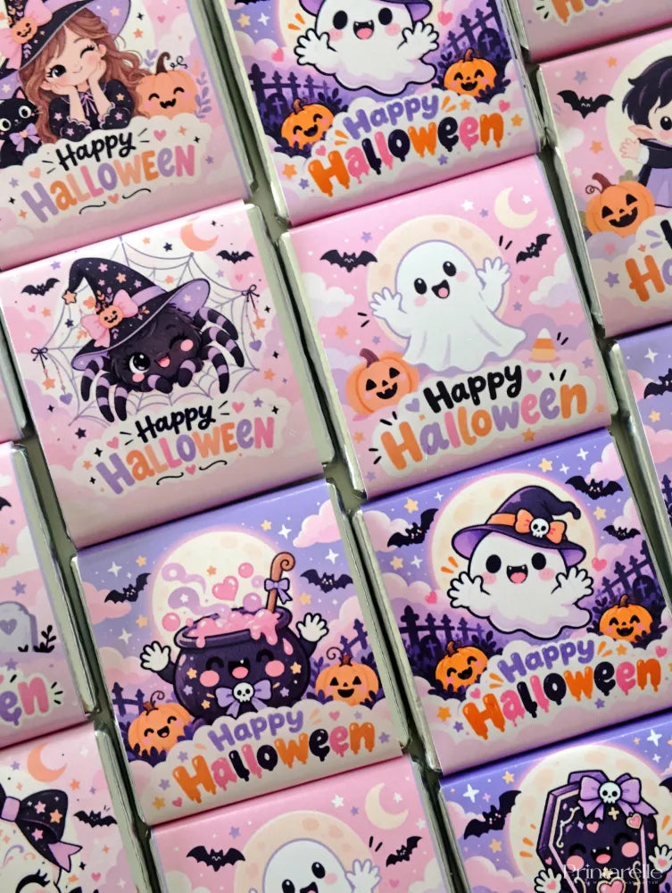 Halloween favour bundle with pink and purple chocolate bars featuring cute ghosts witches and pumpkins wrappers