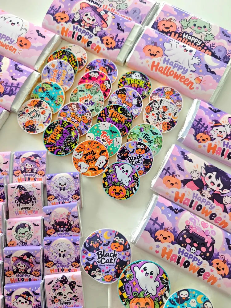 Pink and purple halloween favour bundle candy bars with cartoon ghosts pumpkins bats and chocolate coins on colorful wrappers
