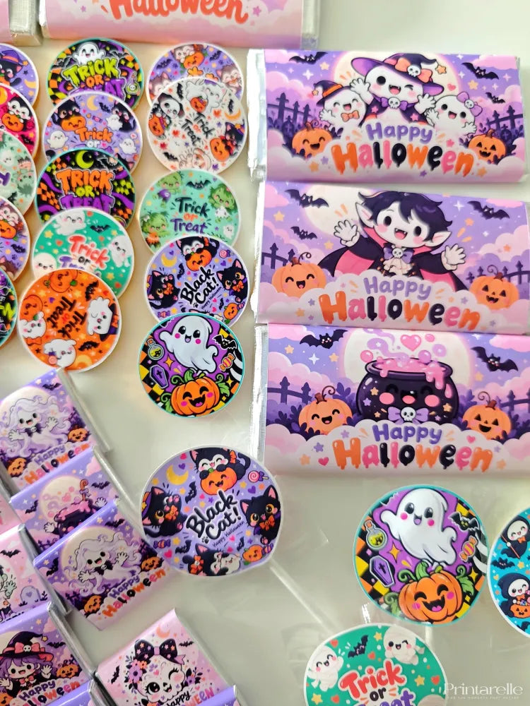 Purple and pink halloween favour bundle candy bars with cartoon witches ghosts bats pumpkins and chocolate coins