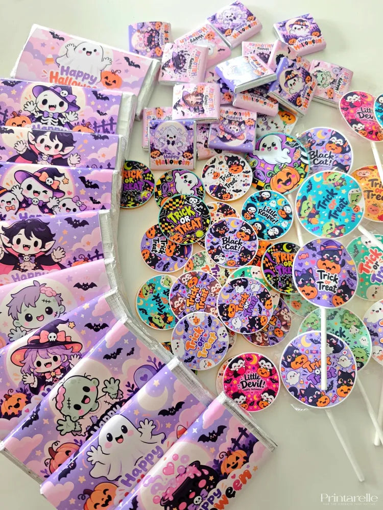 Purple and black halloween favour bundle candy wrappers with cute ghosts witches skeletons and chocolate coins