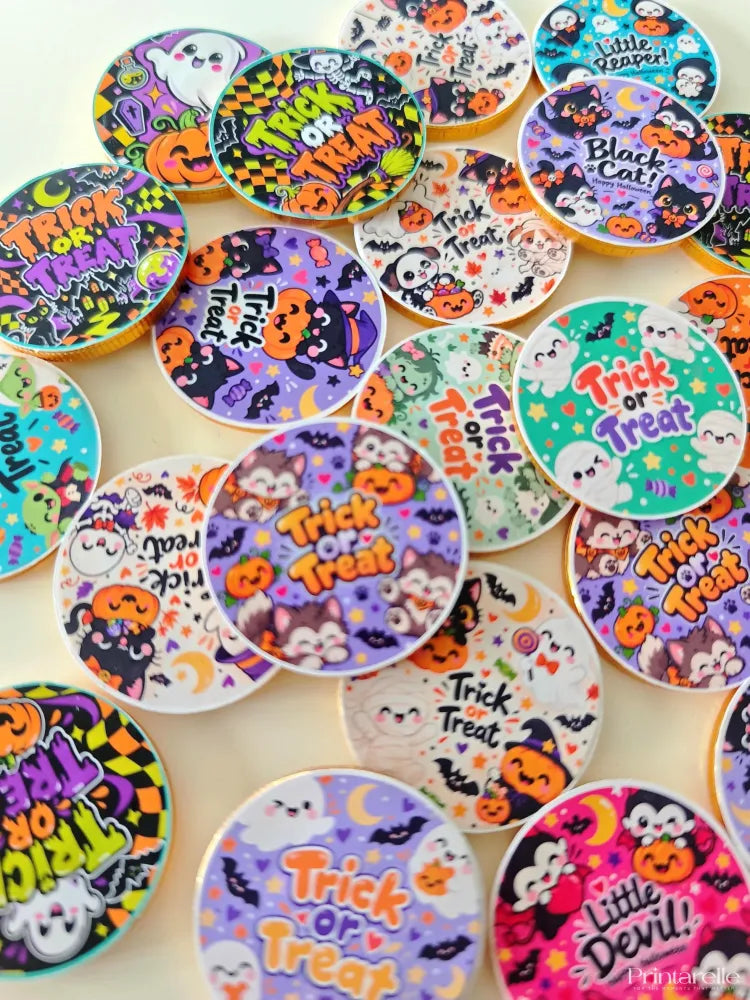 Colorful halloween favour bundle with circular candy containers featuring chocolate coins and spooky designs