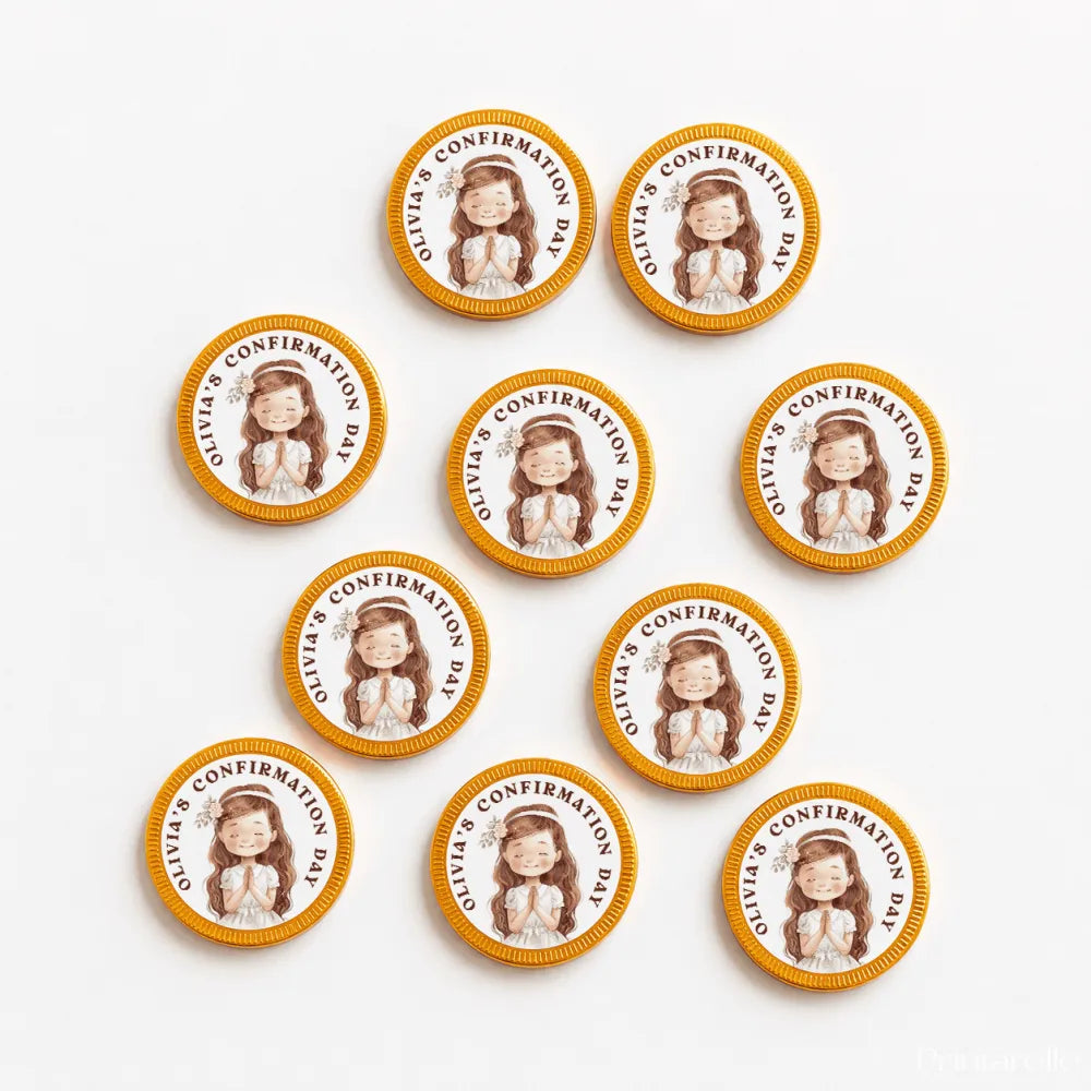 Round yellow-edged confirmation chocolate coins with a cartoon girl and olivia’s confirmation day text in 40mm milk chocolate