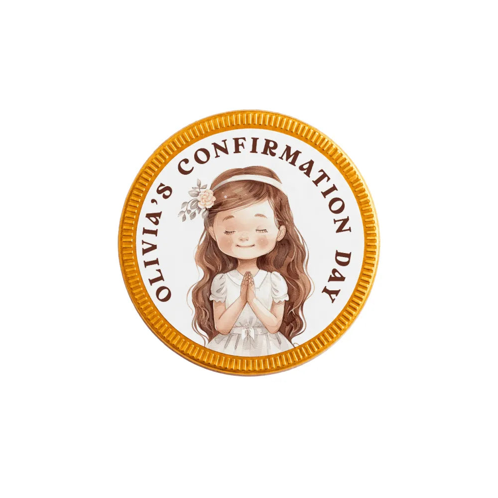 Circular gold-edged 40mm milk chocolate confirmation chocolate coin with a praying girl illustration for olivias confirmation day