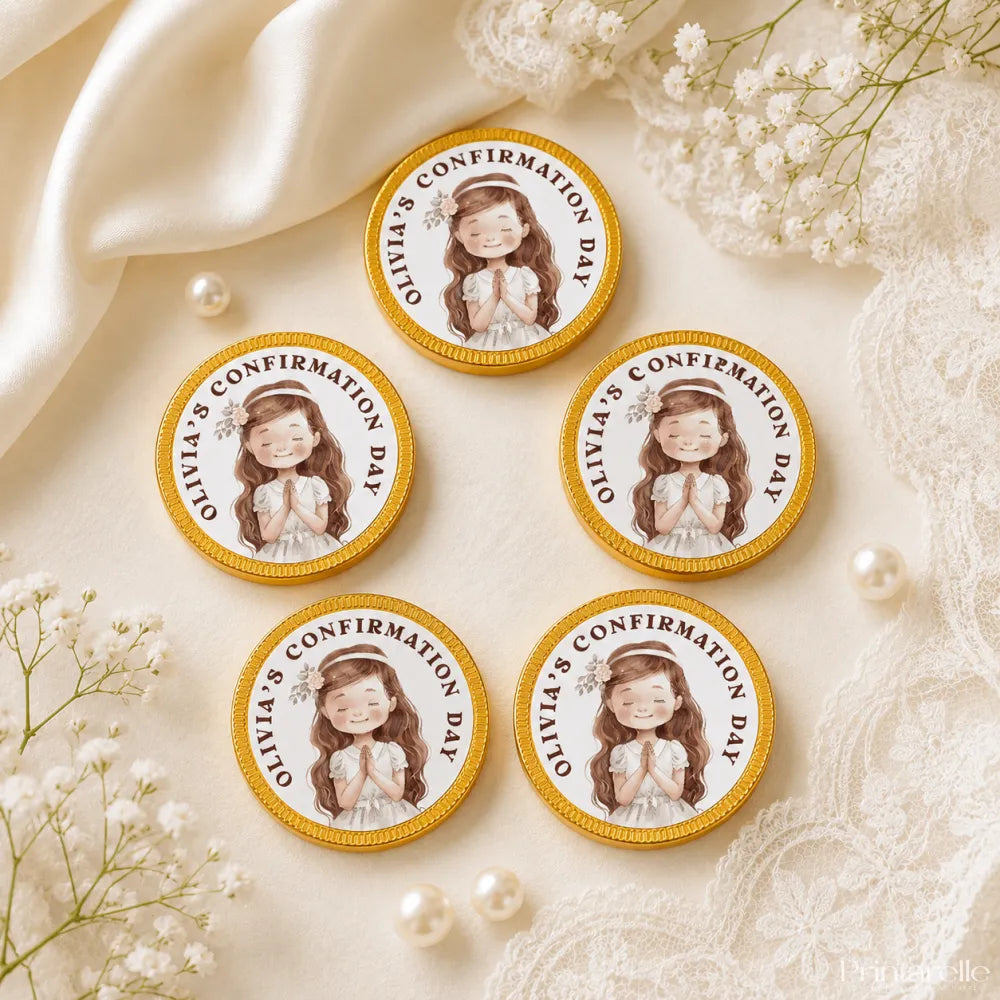 Gold-edged 40mm milk chocolate confirmation chocolate coins featuring a cartoon girl for olivia’s confirmation day