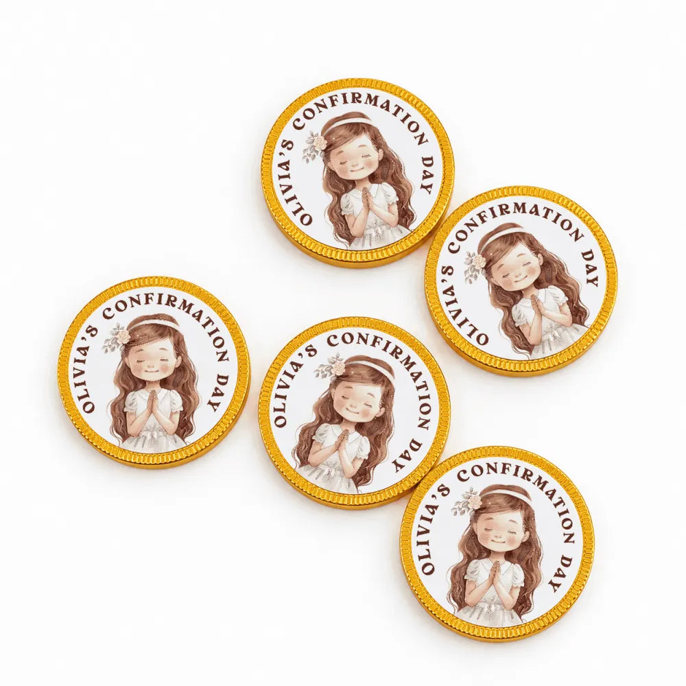 Gold-wrapped 40mm milk chocolate confirmation chocolate coins with a cartoon girl and olivias confirmation day text