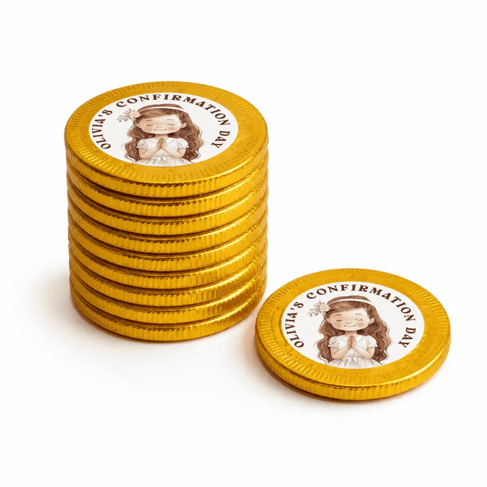 Glossy golden 40mm milk chocolate coins with a girl illustration and olivia’s confirmation day label for confirmation chocolate coins