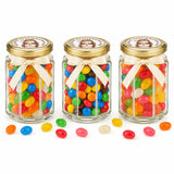 Three clear glass hex jars with 48mm pale gold lids and personalised sticker printed for halo grace confirmation favors