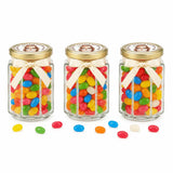 Three clear glass jars with 48mm pale gold lids, cream ribbons, and personalised sticker printed for halo grace confirmation