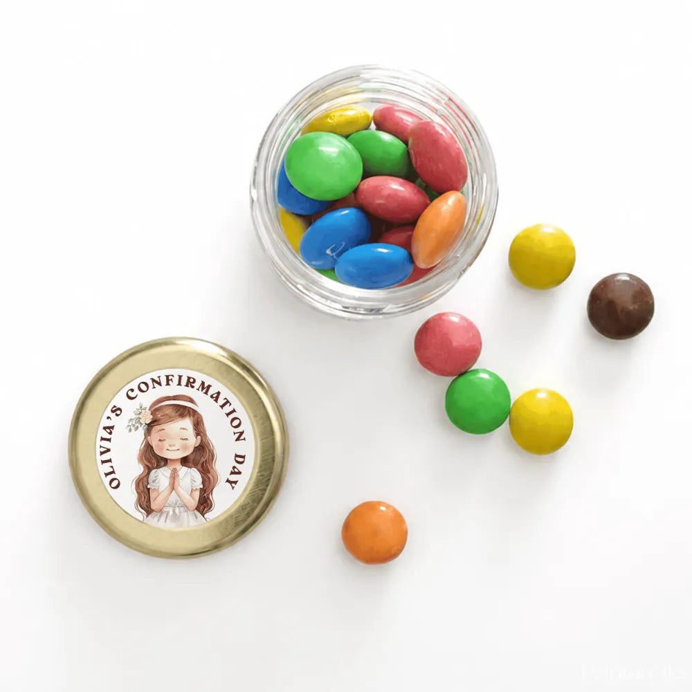 Gold 43mm pale gold twist lid with personalised sticker printed illustration for olivias confirmation day favor