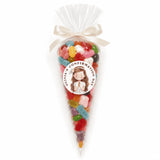 A clear cellophane sweet cone filled with colorful heart gummies tied with cream ribbon and a praying girl label