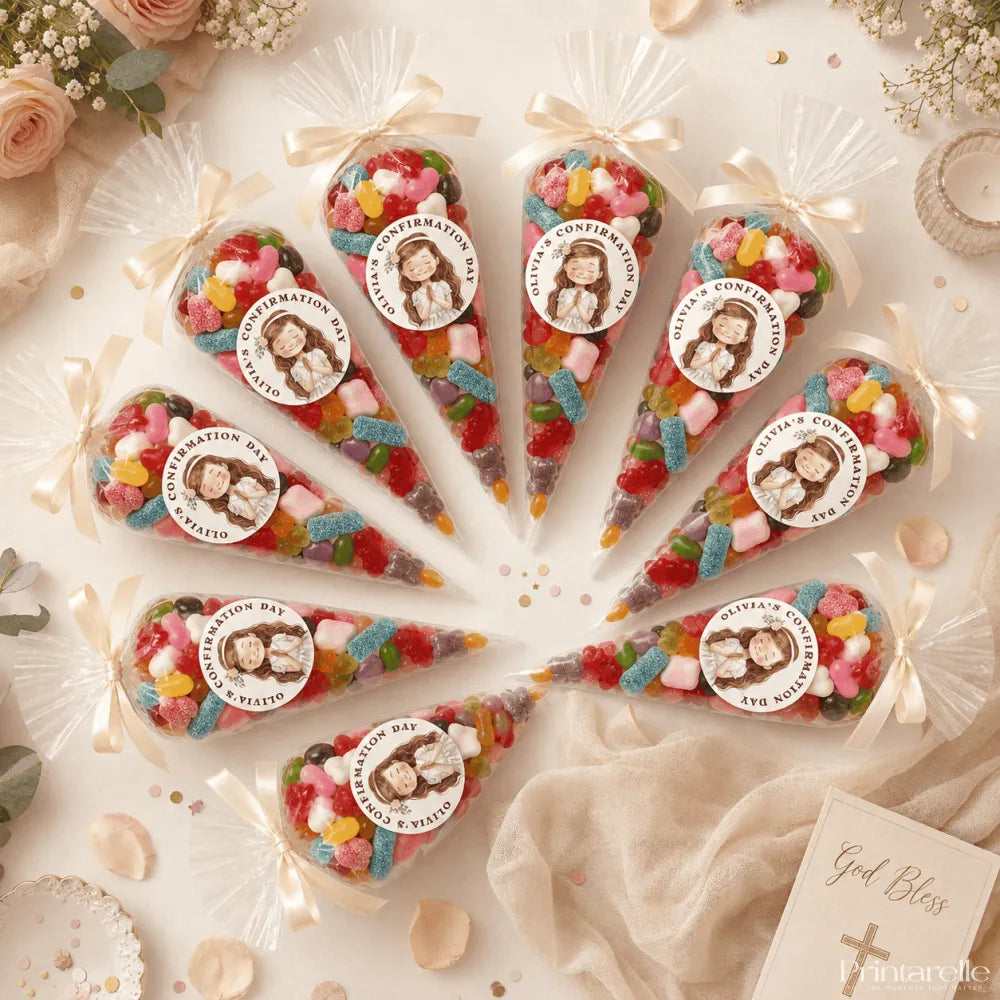 Clear plastic sweet cones filled with colorful gummy candies tied with cream ribbons and a praying girl sticker