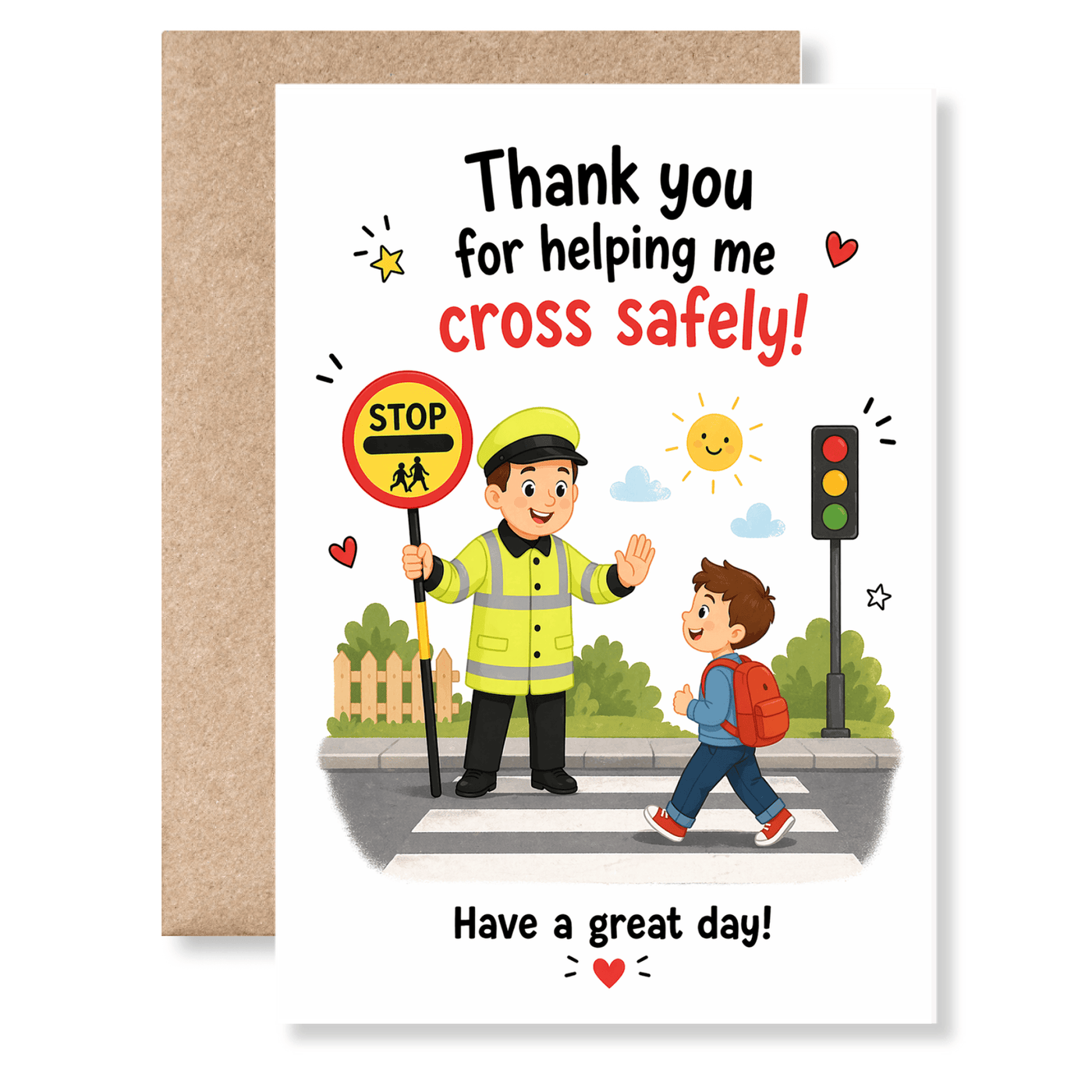 Card with a crossing guard and child illustration, thanking them for helping cross safely.