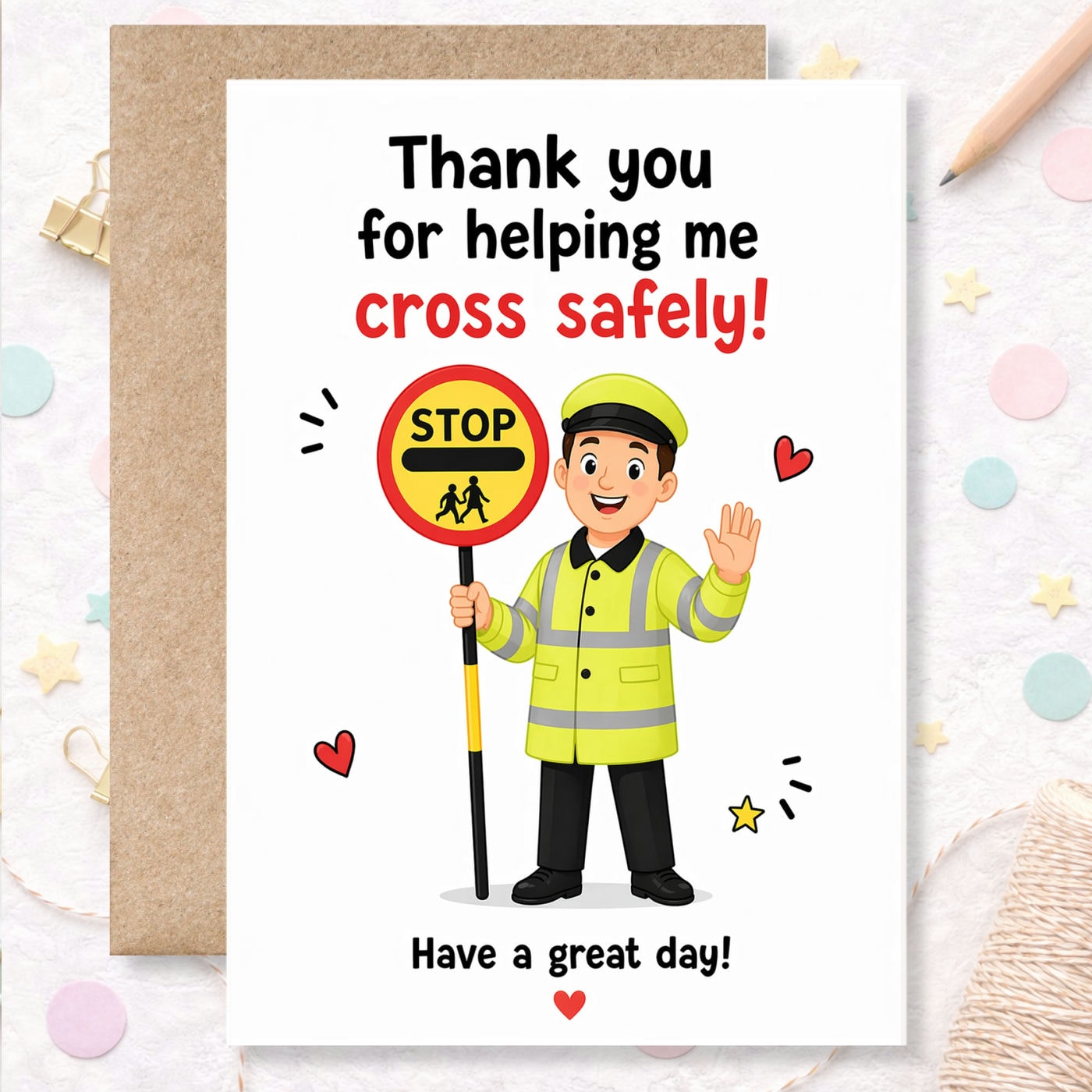 Card with a cartoon character holding a stop sign and text 'Thank you for helping me cross safely! Have a great day!' on a white background.