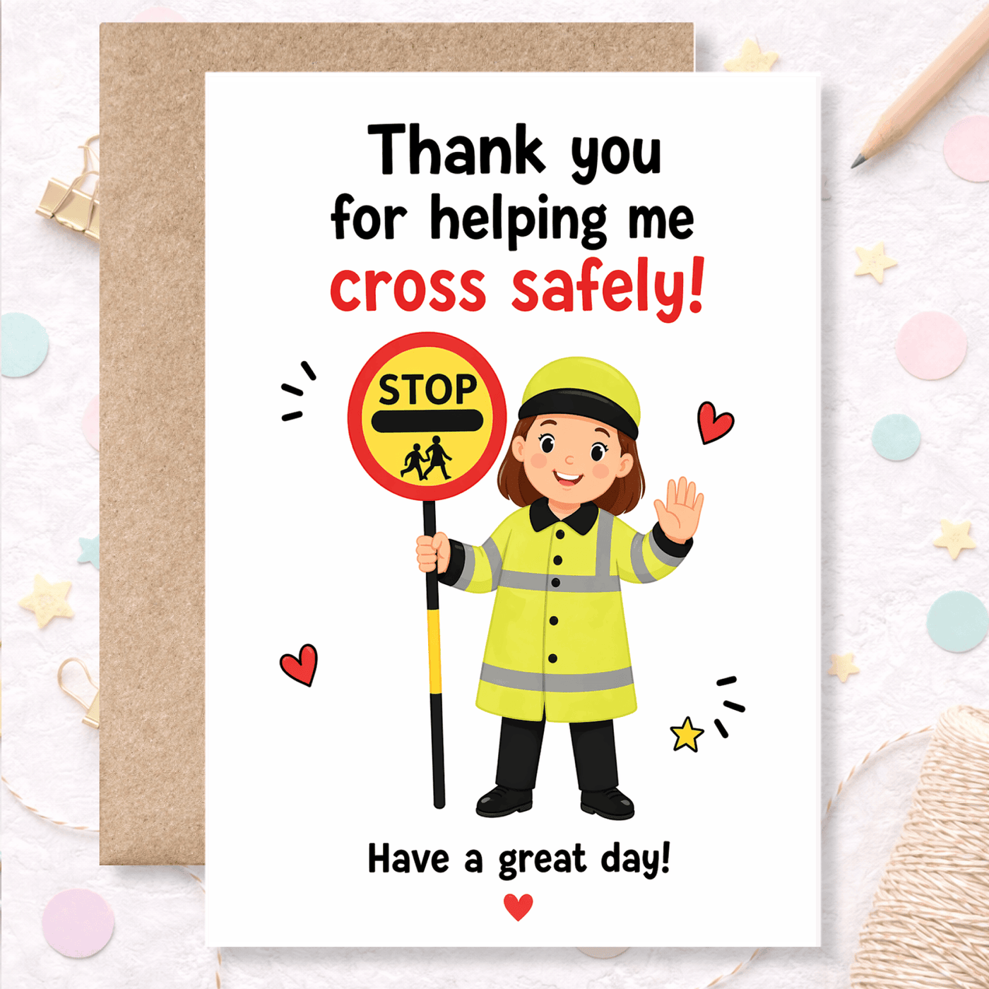 Card with a cartoon character holding a stop sign and text 'Thank you for helping me cross safely! Have a great day!' on a white background.