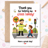A warm and joyful thank you card for your lollipop man or school crossing warden — featuring a cheerful scene of a child safely crossing the road.