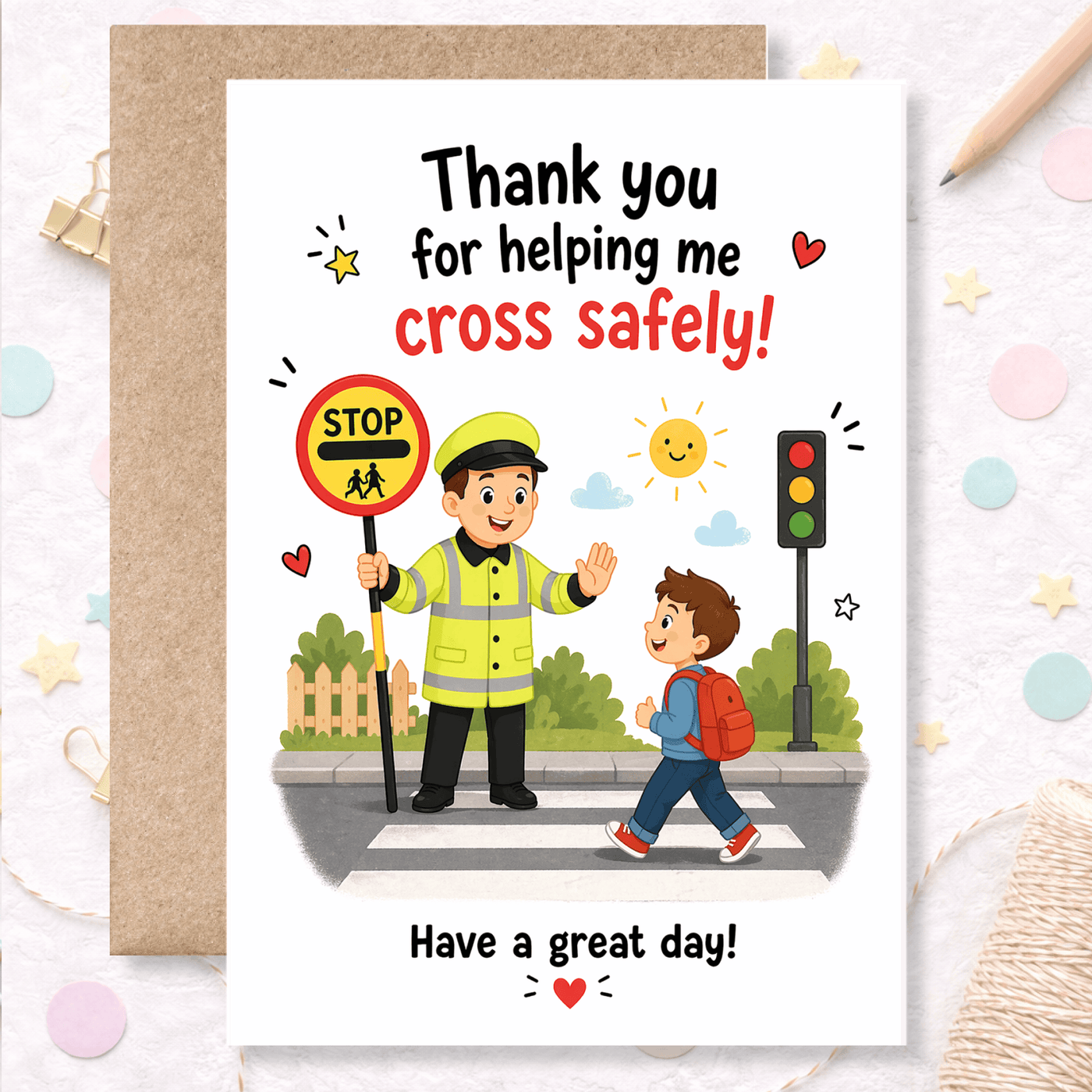 A warm and joyful thank you card for your lollipop man or school crossing warden — featuring a cheerful scene of a child safely crossing the road.