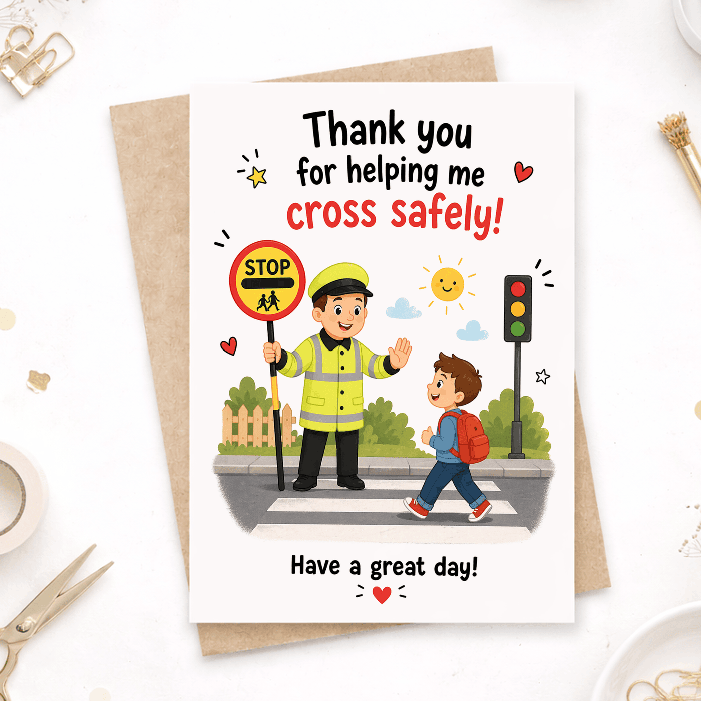 A warm and joyful thank you card for your lollipop man or school crossing warden — featuring a cheerful scene of a child safely crossing the road.