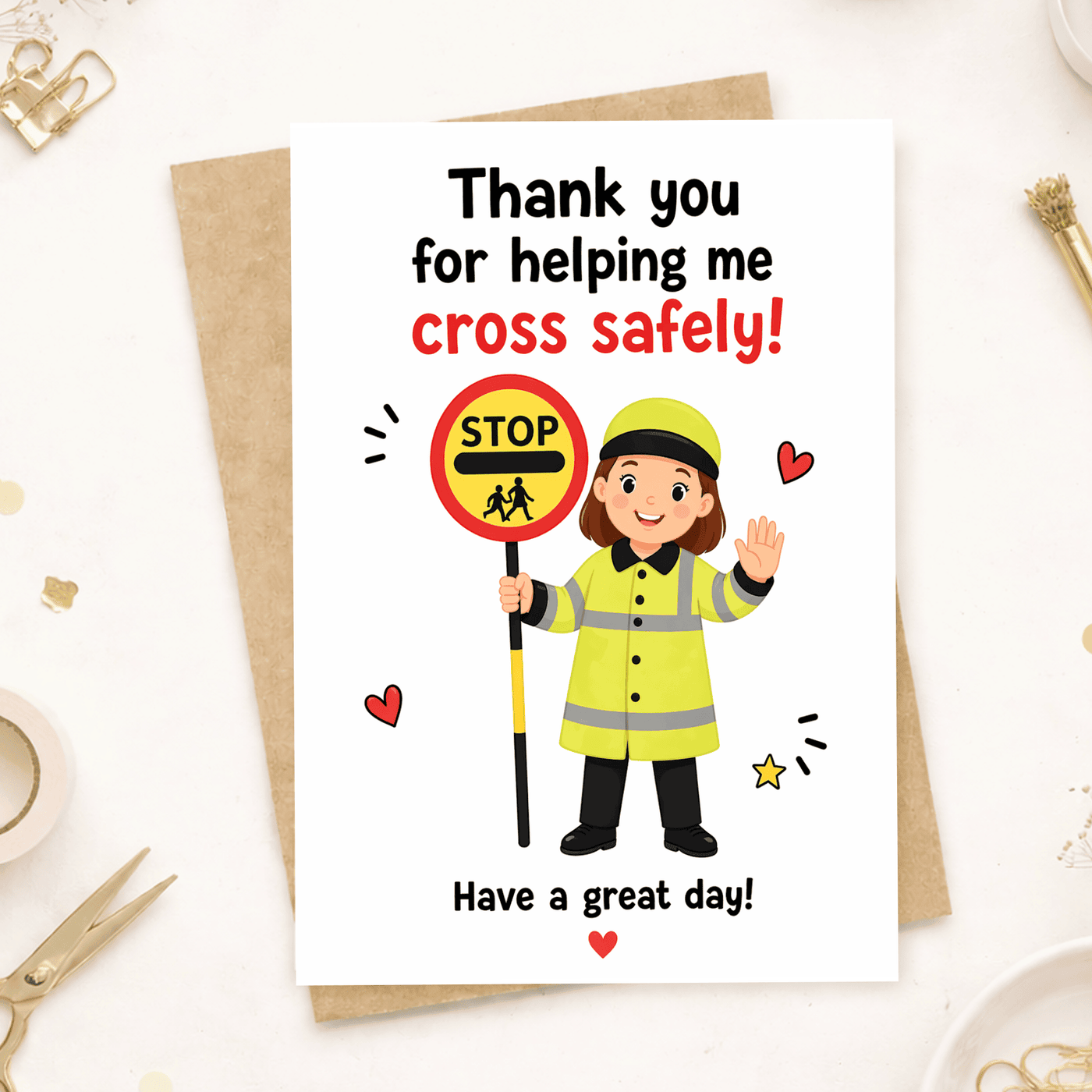 Greeting card with a crossing guard illustration and text on a white background