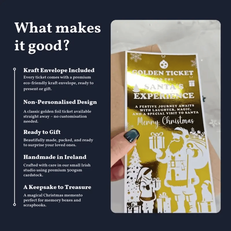 Gift ticket with Santa design held by a hand, text on the left about ticket features.