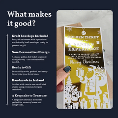 Gift ticket with Santa design held by a hand, text on the left about ticket features.