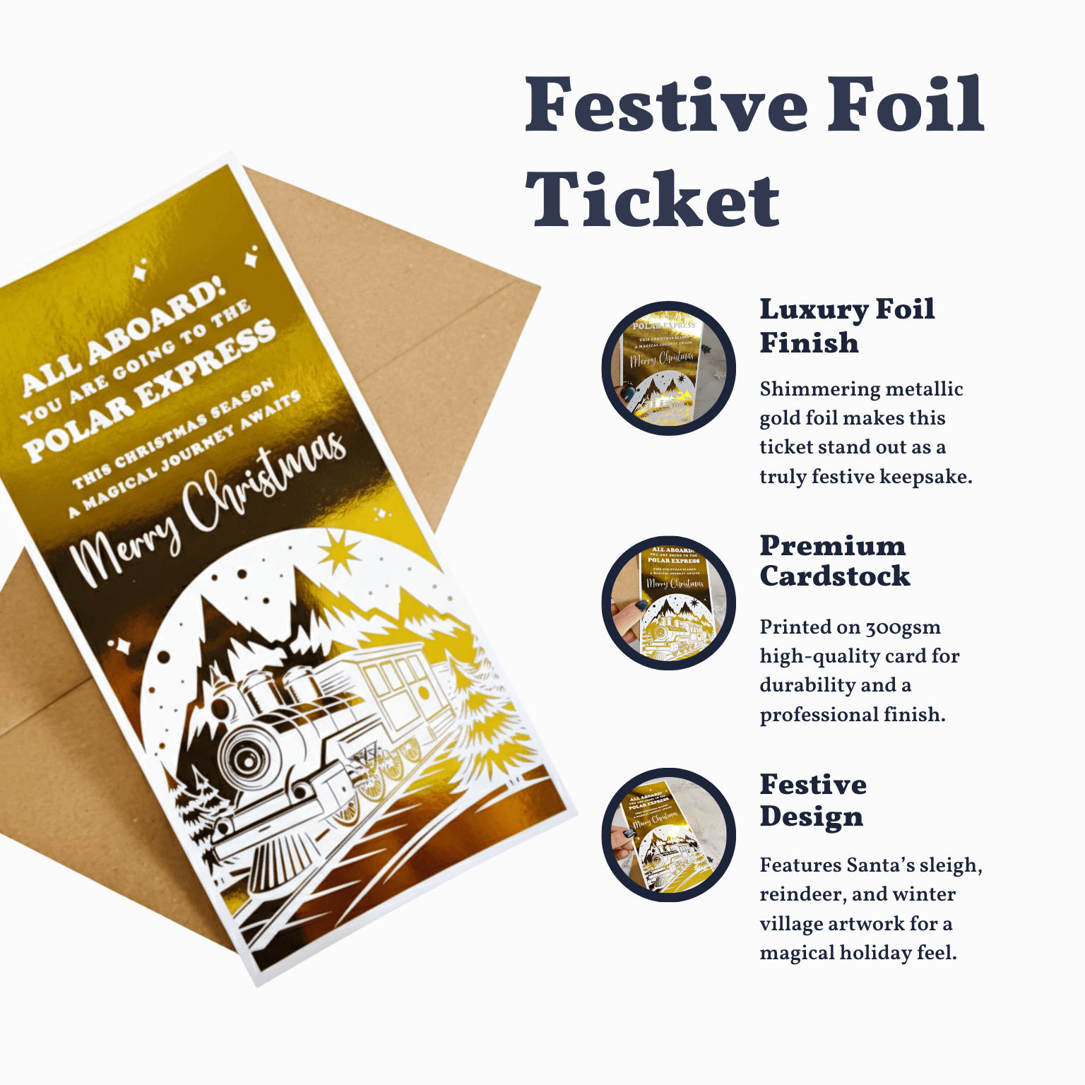 Festive foil ticket with gold and white design featuring a train and Christmas elements, on a white background.