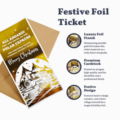 Festive foil ticket with gold and white design featuring a train and Christmas elements, on a white background.