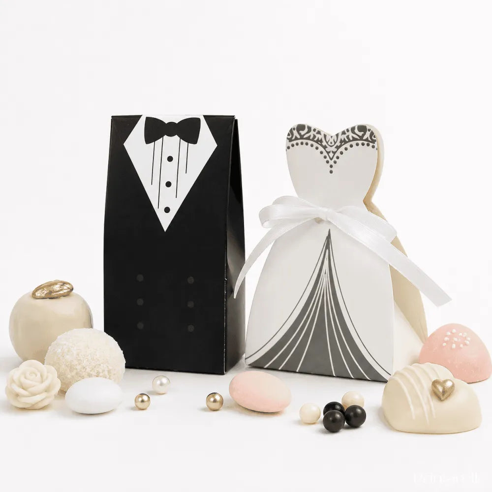 White and gray wedding gown shaped gift box with white ribbon bow for happily ever after personalised bride and groom favour boxes filled with chocolate hearts