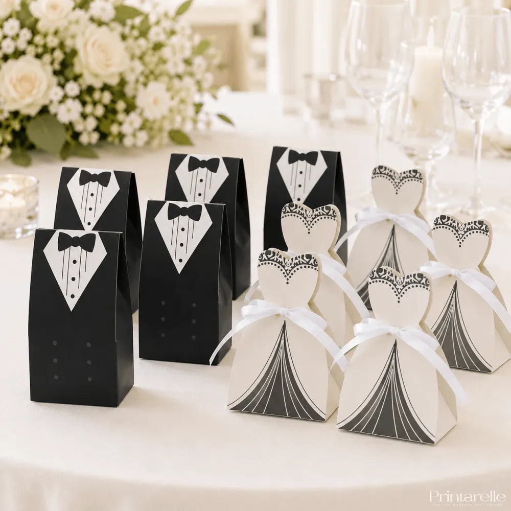 Black and white paper wedding favor boxes shaped like tuxedos and dresses tied with satin ribbons perfect for chocolate hearts or sugar almonds