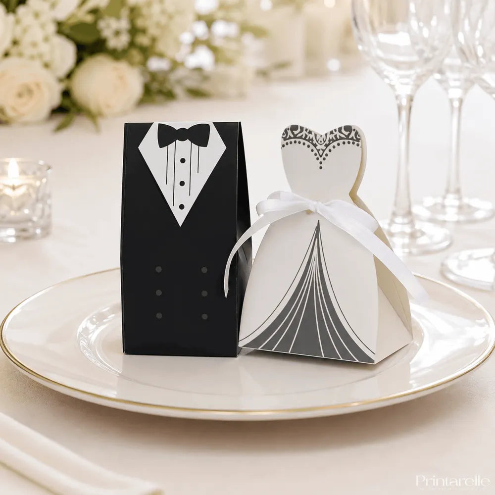Happily ever after personalised bride and groom favour boxes in black and white paper tied with satin ribbon for chocolate hearts or sugar almonds