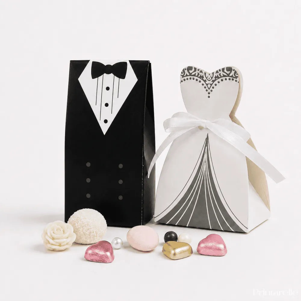 White wedding gown shaped favour box with black lace and white ribbon bow for chocolate hearts or sugar almonds