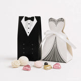 White wedding gown shaped favour box with black lace and white ribbon bow for chocolate hearts or sugar almonds