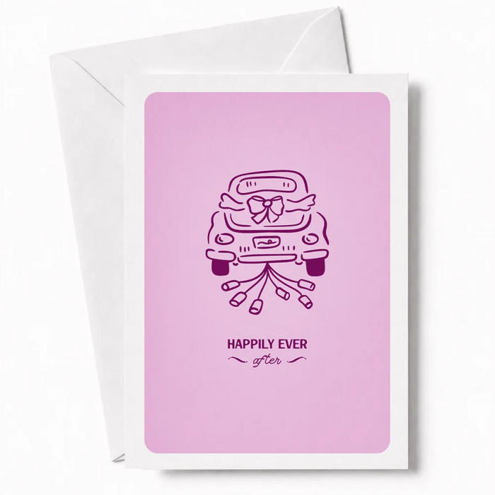 Happily Ever After | Wedding Car Greeting Card - wedding car, wedding card, illustrated vintage, car decorated, tin cans