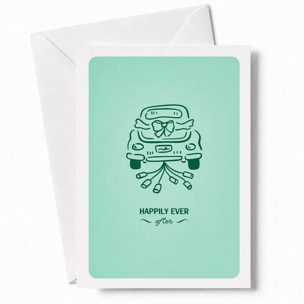 Happily Ever After | Wedding Car Greeting Card - wedding car, wedding card, illustrated vintage, car decorated, tin cans