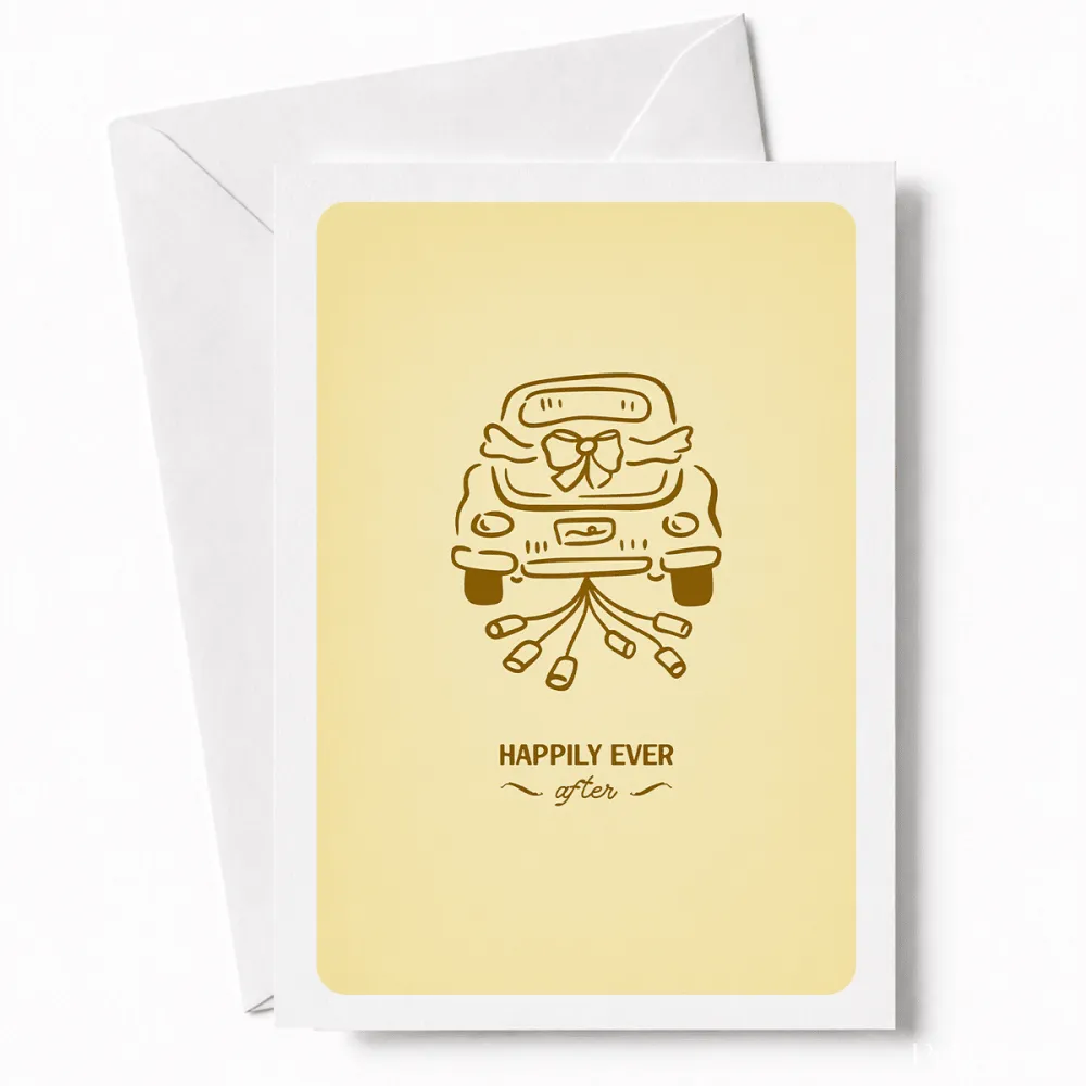 Happily Ever After | Wedding Car Greeting Card - wedding car, wedding card, illustrated vintage, car decorated, tin cans