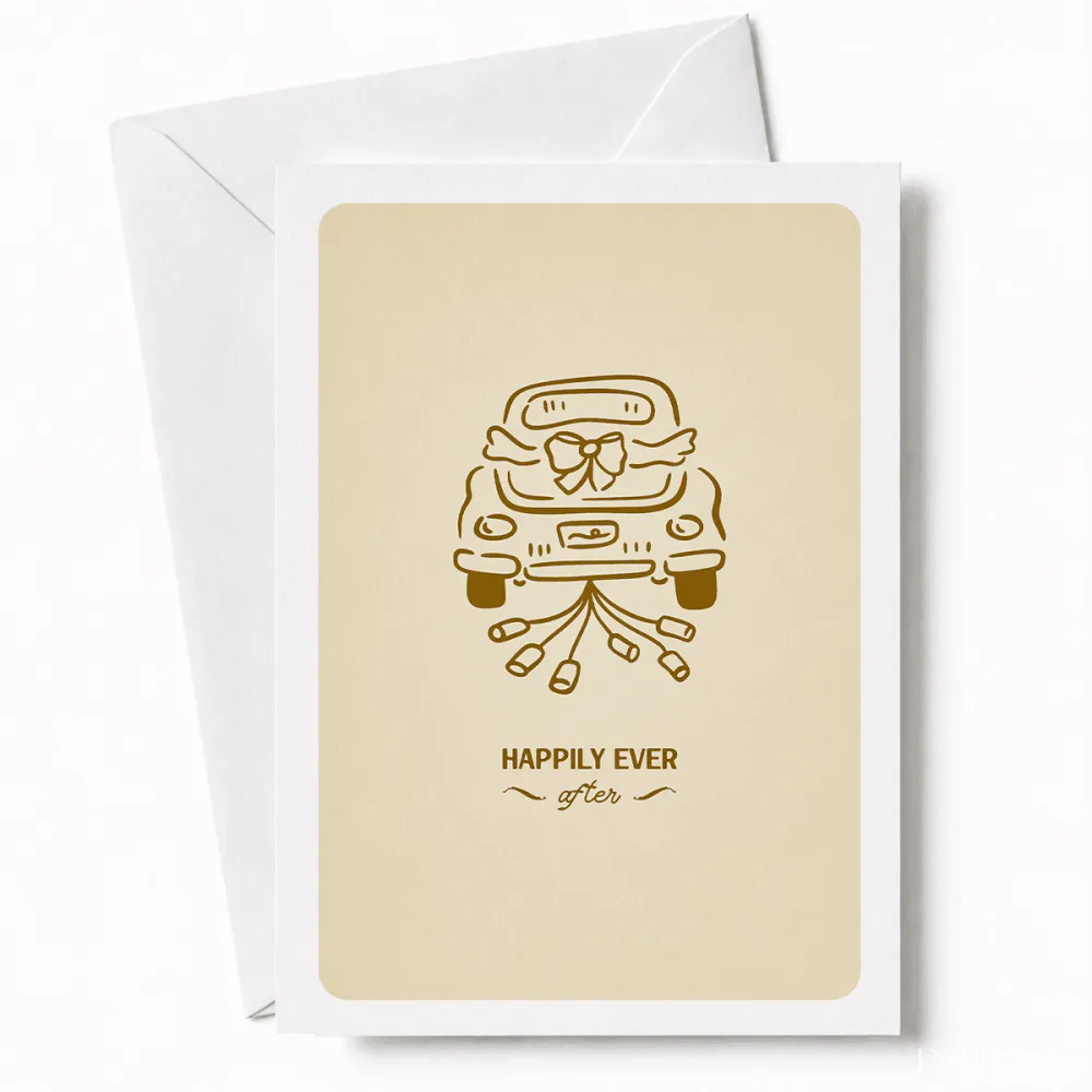 Happily Ever After | Wedding Car Greeting Card - wedding car, wedding card, illustrated vintage, car decorated, tin cans