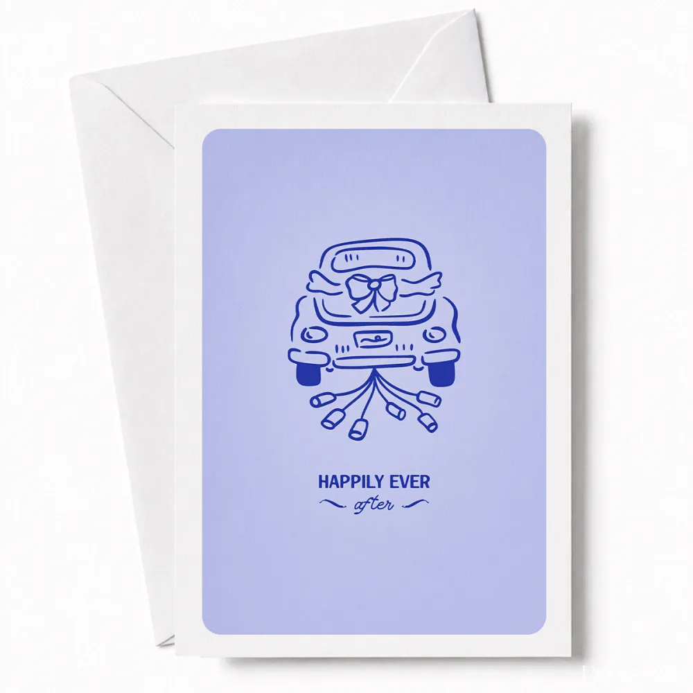 Happily Ever After | Wedding Car Greeting Card - wedding car, wedding card, illustrated vintage, car decorated, tin cans